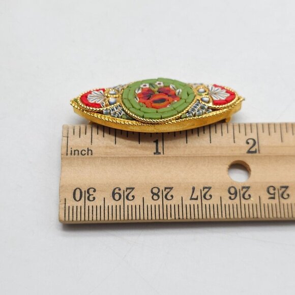 Micro Mosaic Floral Multicolor Brooch Dark Gold Tone Metal Unmarked Pin - Picture 4 of 4